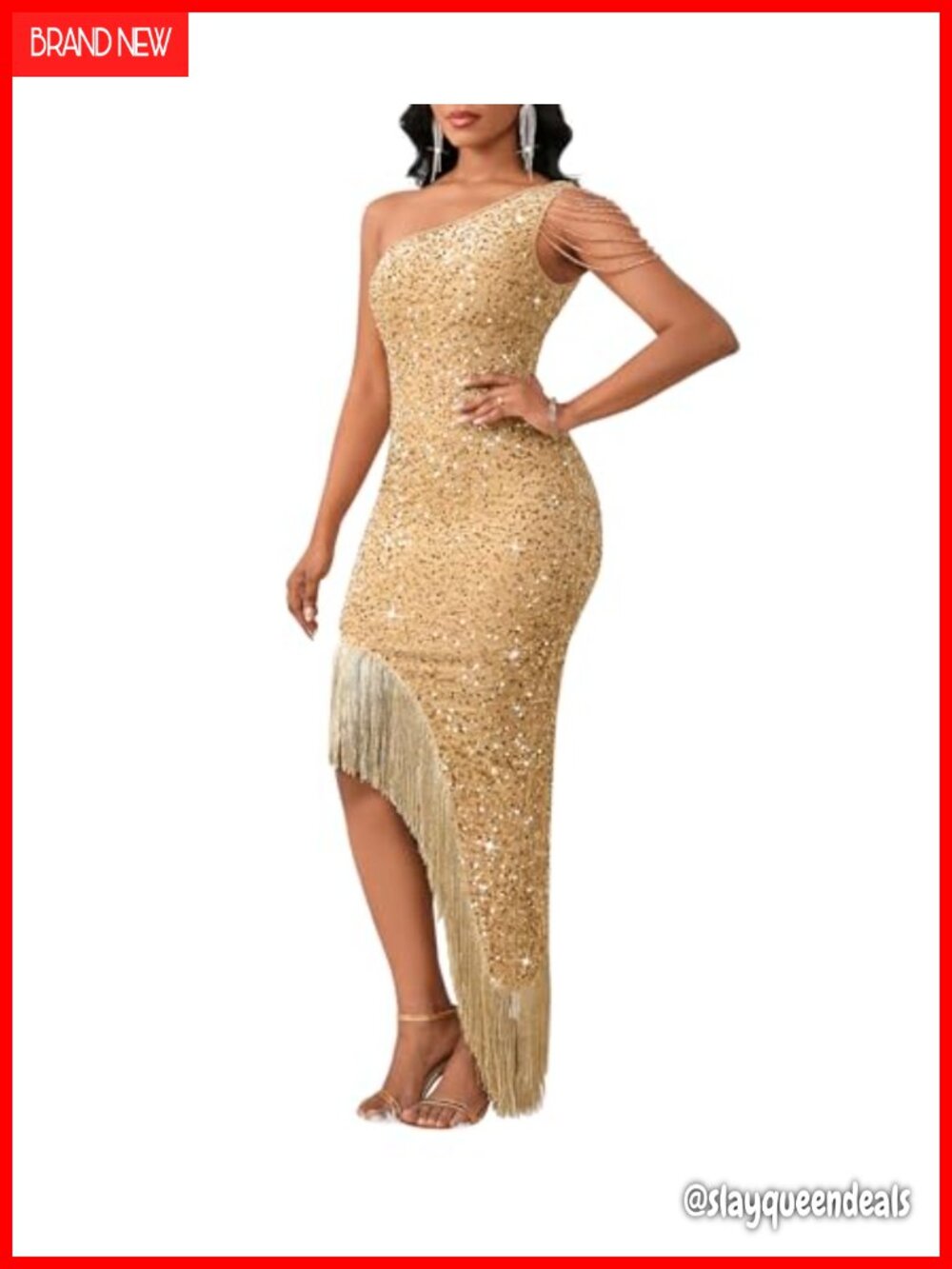Women Sequin One Shoulder Tassel Bodycon Formal Midi Party Dress